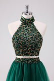 Sparkly A-Line Verde scuro Halter abito corto ritorno a casa con paillettes