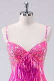 Scintillante Hot Pink A Line Spaghetti Straps Frange Paillettes Abito Da Cocktail