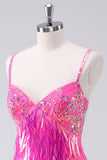 Scintillante Hot Pink A Line Spaghetti Straps Frange Paillettes Abito Da Cocktail