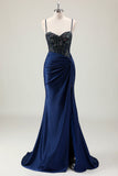 Dark Navy Mermaid Sparkly paillettes Spaghetti Straps Prom Dress con fessura