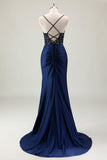 Dark Navy Mermaid Sparkly paillettes Spaghetti Straps Prom Dress con fessura