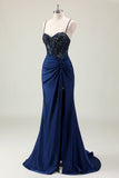 Dark Navy Mermaid Sparkly paillettes Spaghetti Straps Prom Dress con fessura