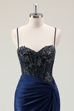 Dark Navy Mermaid Sparkly paillettes Spaghetti Straps Prom Dress con fessura