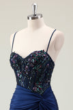 Dark Navy Mermaid Sparkly paillettes Spaghetti Straps Prom Dress con fessura