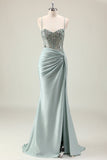 Vestito Cerimonia lungo sottinte e verde polveroso sirena con spallette