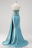 Grigio Blu Mermaid Corsetto senza spalline paillettes raso Prom Dress