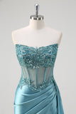 Grigio Blu Mermaid Corsetto senza spalline paillettes raso Prom Dress