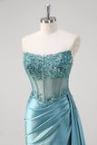 Grigio Blu Mermaid Corsetto senza spalline paillettes raso Prom Dress