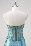 Grigio Blu Mermaid Corsetto senza spalline paillettes raso Prom Dress