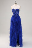 Royal Blue A-Line senza spalline paillettes volant tulle lungo Abito da cerimonia con fessura