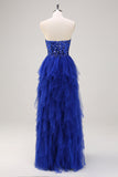 Royal Blue A-Line senza spalline paillettes volant tulle lungo Abito da cerimonia con fessura