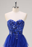 Royal Blue A-Line senza spalline paillettes volant tulle lungo Abito da cerimonia con fessura