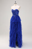 Royal Blue A-Line senza spalline paillettes volant tulle lungo Abito da cerimonia con fessura