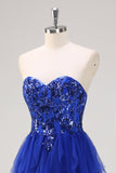 Royal Blue A-Line senza spalline paillettes volant tulle lungo Abito da cerimonia con fessura