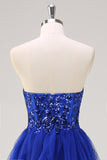 Royal Blue A-Line senza spalline paillettes volant tulle lungo Abito da cerimonia con fessura