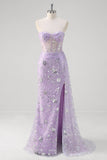 Viola chiaro sirena corsetto senza spalline paillettes Prom Dress con fessura