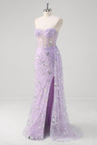 Viola chiaro sirena corsetto senza spalline paillettes Prom Dress con fessura