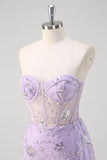 Viola chiaro sirena corsetto senza spalline paillettes Prom Dress con fessura