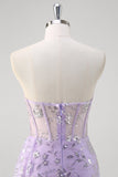 Viola chiaro sirena corsetto senza spalline paillettes Prom Dress con fessura