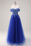 Royal Blue Tulle A-Line Off la spalla Sparkly Applique lungo Abito da cerimonia con perline