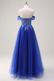 Royal Blue Tulle A-Line Off la spalla Sparkly Applique lungo Abito da cerimonia con perline