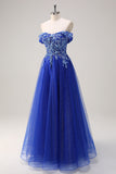 Royal Blue Tulle A-Line Off la spalla Sparkly Applique lungo Abito da cerimonia con perline