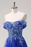 Royal Blue Tulle A-Line Off la spalla Sparkly Applique lungo Abito da cerimonia con perline