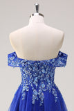 Royal Blue Tulle A-Line Off la spalla Sparkly Applique lungo Abito da cerimonia con perline