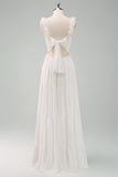 A-Line bianco Spaghetti Straps plissettato lungo Prom Dress con fiocco