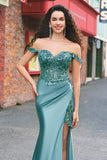 Off the Shoulder Applique sirena grigio verde Abito da cerimonia con fessura