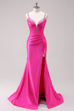 Fucsia sirena spaghetti spalline corsetto paillettes Prom Dress con fessura