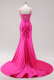 Fucsia sirena spaghetti spalline corsetto paillettes Prom Dress con fessura