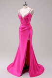 Fucsia sirena spaghetti spalline corsetto paillettes Prom Dress con fessura