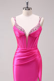 Fucsia sirena spaghetti spalline corsetto paillettes Prom Dress con fessura