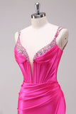 Fucsia sirena spaghetti spalline corsetto paillettes Prom Dress con fessura