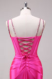 Fucsia sirena spaghetti spalline corsetto paillettes Prom Dress con fessura