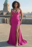 Vestito da cerimonia da ballo a spalline sirene fucsia con taglia grande e fessura