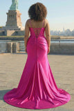 Vestito da cerimonia da ballo a spalline sirene fucsia con taglia grande e fessura