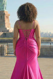 Vestito da cerimonia da ballo a spalline sirene fucsia con taglia grande e fessura