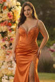 Vestito da cerimonia da ballo a spalline sirene fucsia con taglia grande e fessura