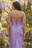 Vestito da cerimonia da ballo a spalline sirene fucsia con taglia grande e fessura