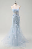 Blu sirena spaghetti spalline tulle corsetto lungo abito da ballo con fiori 3D