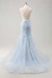 Blu sirena spaghetti spalline tulle corsetto lungo abito da ballo con fiori 3D