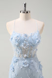 Blu sirena spaghetti spalline tulle corsetto lungo abito da ballo con fiori 3D