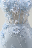 Blu sirena spaghetti spalline tulle corsetto lungo abito da ballo con fiori 3D