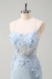 Blu sirena spaghetti spalline tulle corsetto lungo abito da ballo con fiori 3D