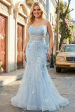 Abito da cerimonia lungo in tulle blu taglie forti modello sirena con corsetto e fiori 3D