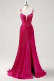 Fucsia guaina Spaghetti Straps pieghettato corsetto lungo Prom Dress con applicazioni