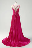 Fucsia guaina Spaghetti Straps pieghettato corsetto lungo Prom Dress con applicazioni