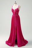 Fucsia guaina Spaghetti Straps pieghettato corsetto lungo Prom Dress con applicazioni